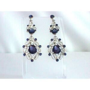 Blue rhinestone dangle chandelier wedding MOB prom earrings,